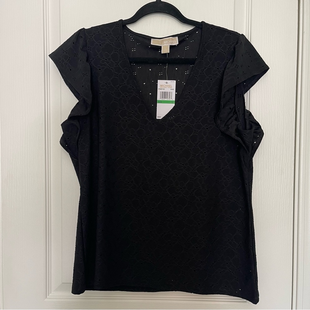 Michael Kors Black Ruffled Eyelet Short Sleeve Blouse Size L